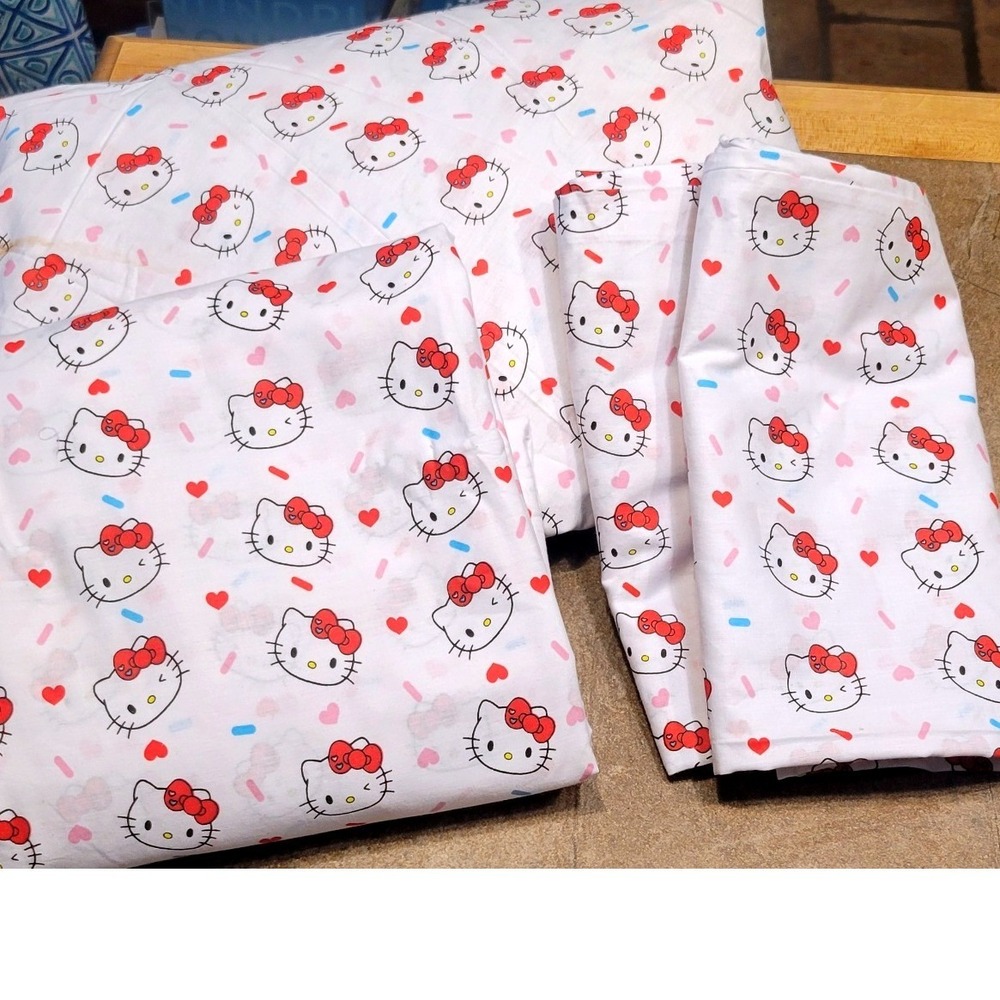Sanrio Hello Kitty Full Flat Sheet White Cotton Hearts Sprinkles Jay Franco